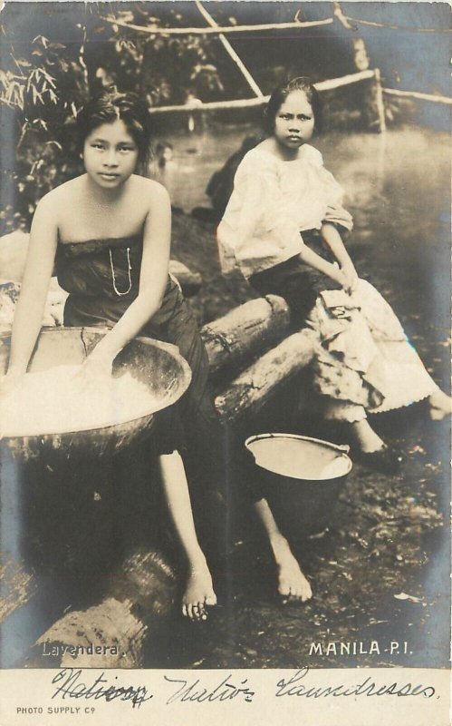 RPPC Manila PI Philippines Native Barefoot Women doing Laundry Lavandera