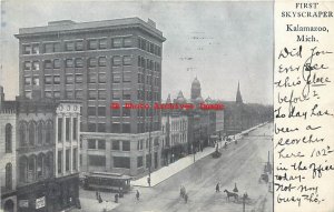 MI, Kalamazoo, Michigan, Primeiro Arranha-céu, Vista Exterior, 1907 PM-