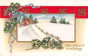 New Year Greetings Clovers Swastika Winter Scene Whitney Postcard AA44509