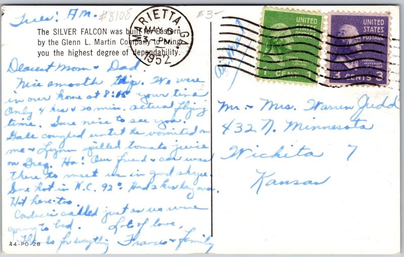 Fly-Eastern Air Lines, Great New Silver Falcon, 1952 Transportation, Postcard