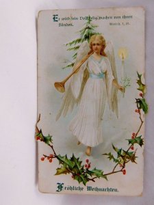 Embossed Victorian German Christmas Trade Card Angel Long Trumpet & Candle P9