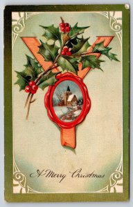 Holly & Church In Seal Christmas Greeting~PFB Vintage Postcard