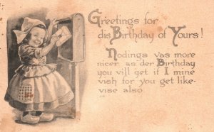 Vintage Postcard 1914 Greetings For This Birthday Of Yours Little Girl Mailbox