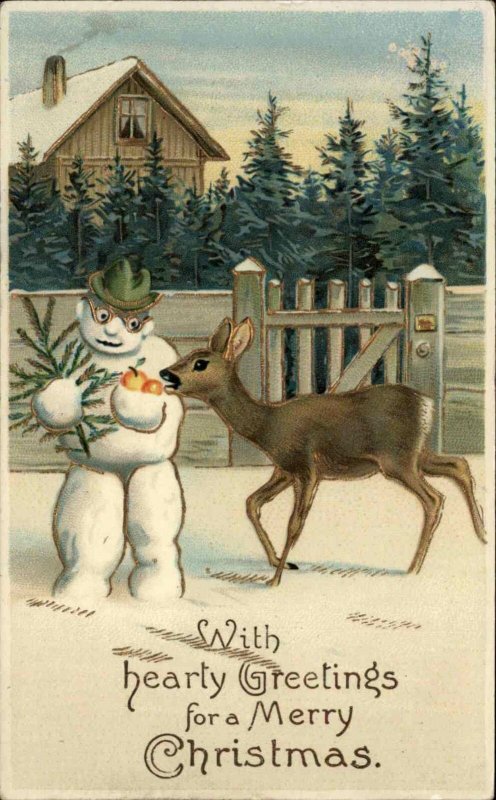 Christmas Snowman Wearing Eyeglasses & Deer Gilt Embossed Postcard c1910 