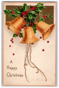 c1910's Christmas Three Gold Bells Holly Berries Clapsaddle (? ) Postcard