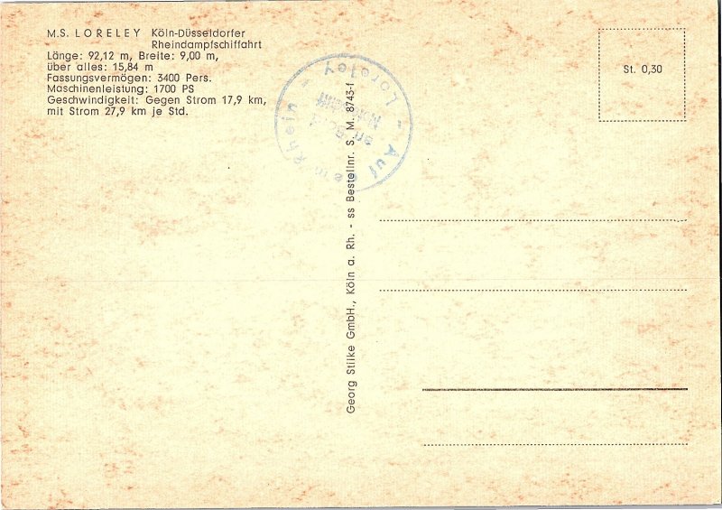 M.S. Loreley Rhine River Cruise Ship 1960s Chrome  Postcard