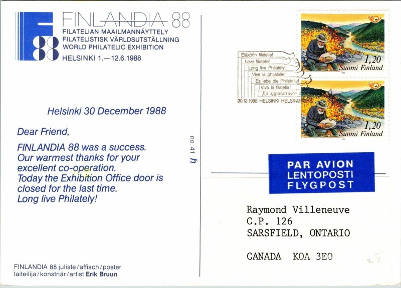 VINTAGE CONTINENTAL SIZE POSTCARD FINLANDIA PHILATELIC EXHIBITION 1988