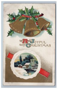 Early Winsch Back Joyful Christmas Postcard Gold Gild Bells Holly Embossed