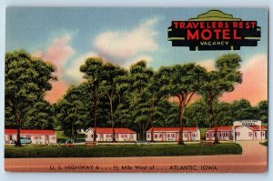 Atlantic Iowa Postcard Travelers Rest Motel Vacancy Highway Exterior View c1940