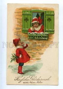 240993 NEW YEAR Kids in Window WINTER FASHION Vintage postcard