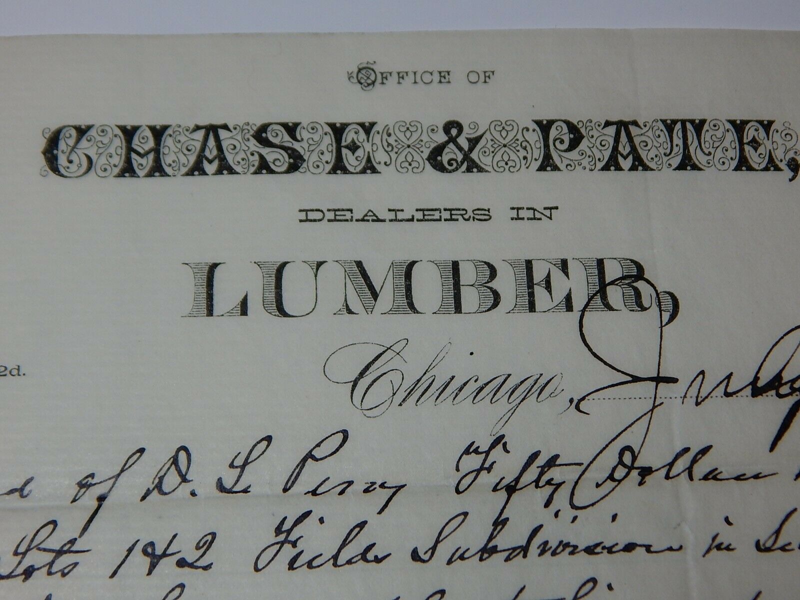 1881 Chase & Pate Lumber Chicago Illinois Payment Receipt Letterhead Ephemera Other
