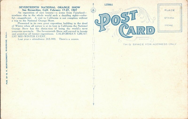 17th National Orange Show San Bernardino CA c1927 Advert Vintage Postcard R22 