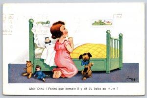 Comic~French~Girl Praying @ Bed W/ Teddy Bear & Dog~PM 1937~Vintage Postcard