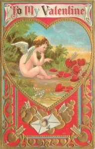 Postcard C-1910 To my Valentine Cupid hearts letters 23-11958