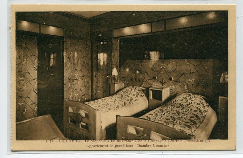 Ocean Liner Ile de France Bedroom Interior Ship postcard