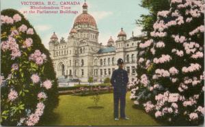 Rhododendron Time Parliament Building Victoria BC Policeman Vintage Postcard D72