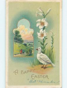 Pre-Linen easter BEAUTIFUL WHITE DOVE BIRD WITH EASTER LILY FLOWERS hr2224