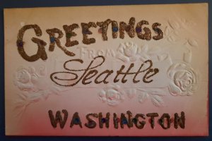 Postcard WA Greetings from Seattle Washington - Emossed with glitter