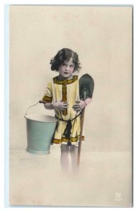 RPPC Tinted French?  Studio Photo Adorable YOUNG GIRL w/ Pail, Shovel Postcard