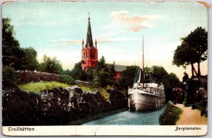 Trollhattan Berg Kanalen Sweden Boat Passing Cathedral at Back Postcard