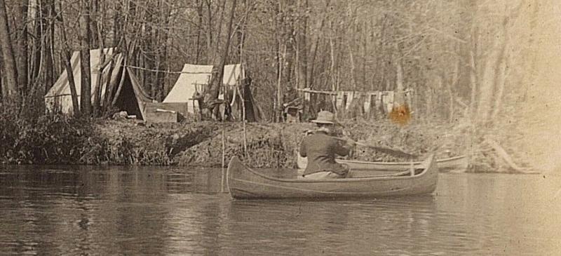 1904-18 RPPC Camping Trip on River Lake Tents Woman in Canoe Real Photo Postcard