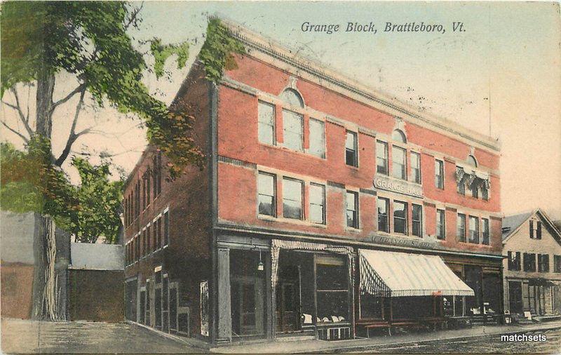 1908 BRATTLEBORO VERMONT Grange Block Metropolitan Hand Colored postcard 3070