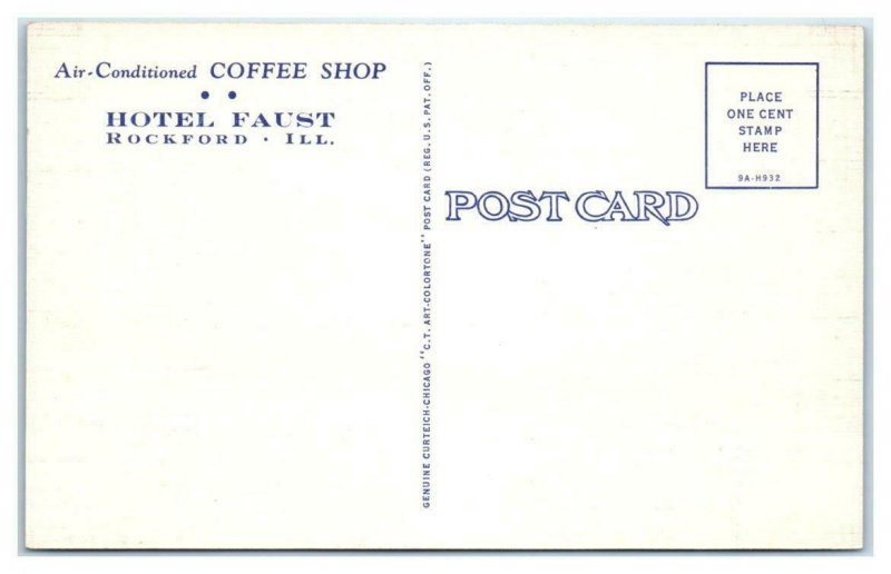 ROCKFORD, Illinois IL ~ Roadside HOTEL FAUST COFFEE SHOP Art Deco 1940s Postcard