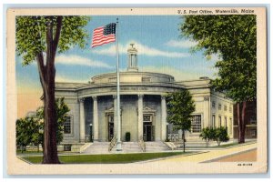 1950 U.S. Post Office Exterior Roadside Waterville Maine ME Posted Flag Postcard