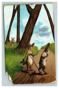 Vintage 1910's Fantasy Easter Postcard Bunny Top Hat Walking Stick Country Road