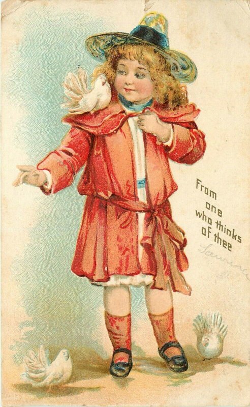 Embossed Postcard Girl in Red w Fancy Pigeons, From One Who Thinks of Thee