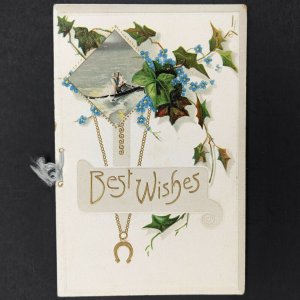 1917 Embossed Die Cut Best Wishes Christmas Booklet String Bound Rough Sea C5