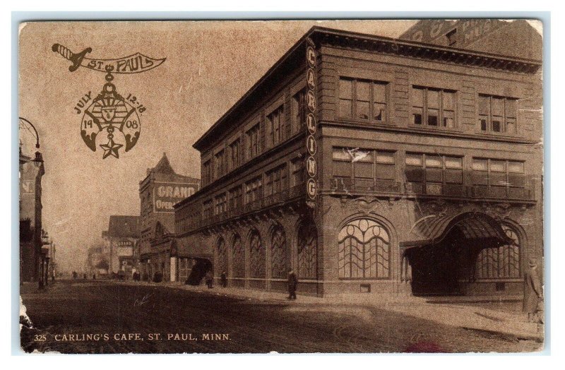 ST PAUL, MN Minnesota ~ Street Scene CARLING'S CAFE Shriner's Logo 1908 Postcard