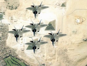 USA Fighter Jet Raptors Fly over the Pyramids,  Egypt Framable PostCard