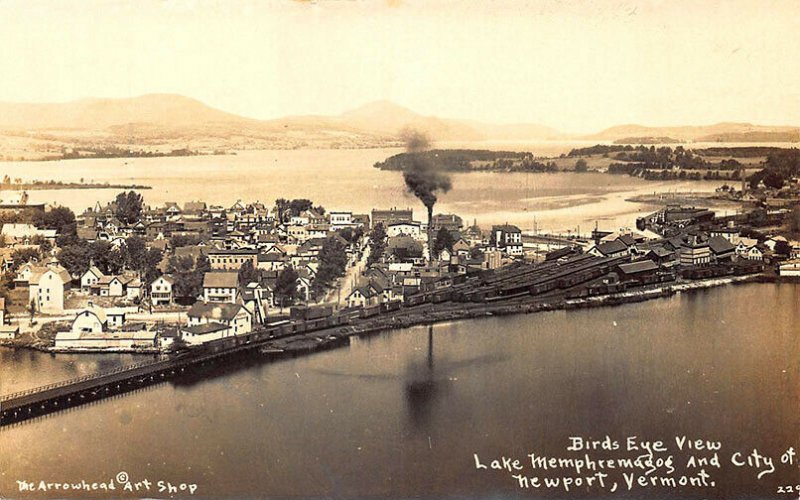 Birdseye View City of Newport VT Railroad Tracks Lake Memphremagog RPPC