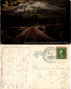 Mount Shasta by Moonlight Train Tracks Postcard Used (35755)