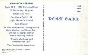 Williamsburg VA Kinnamon's Garage Amoco Gasoline Tow Trucks Wrecker Postcard