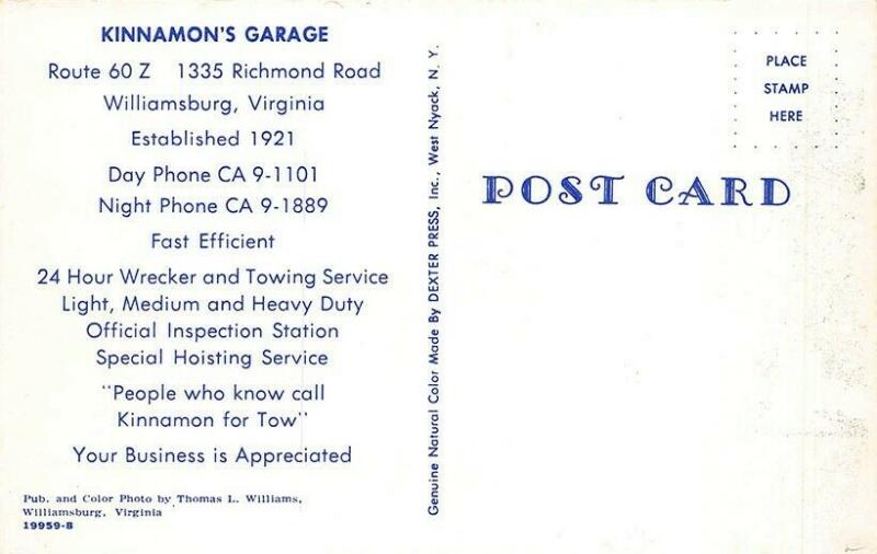 Williamsburg VA Kinnamon's Garage Amoco Gasoline Tow Trucks Wrecker Postcard