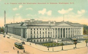 Washington DC US Treasury & Washington Monument Litho Postcard Unused Trolley