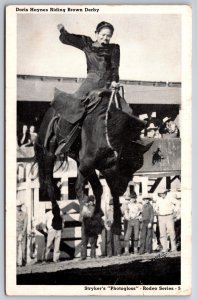 Western~Doris Haynes Riding Brown Derby Horse Rodeo Scene~B&W Photo~Vtg Postcard