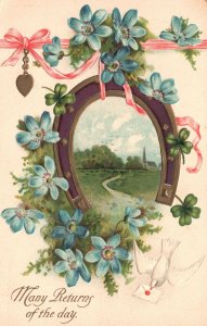 Postcard 1910's Many Returns of the Day Birthday Greetings Horseshoe Flowers