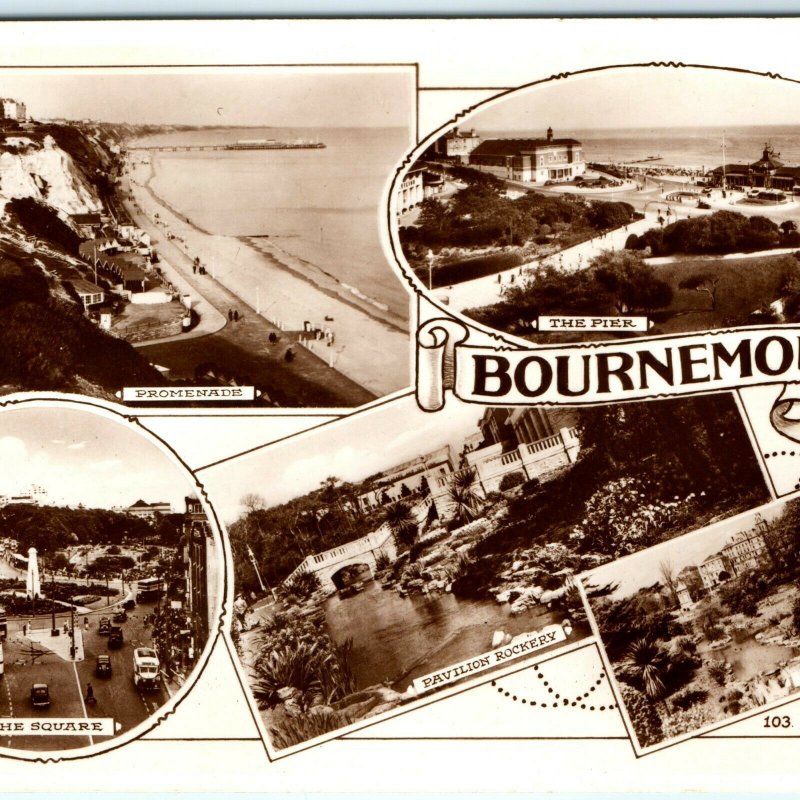 1950s Bournemouth England RPPC Collage Town View Sunny South Real Photo Card A28