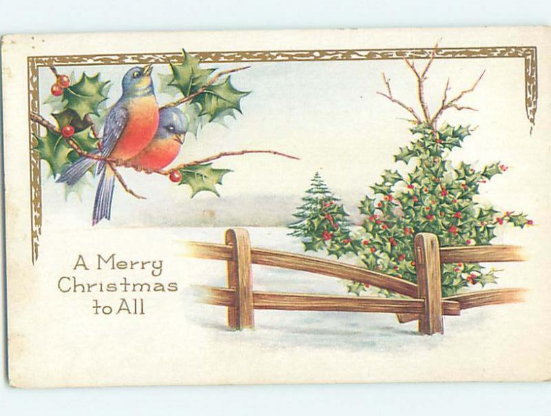 Pre-Linen christmas BEAUTIFUL BIRDS SIT ON THE HOLLY BESIDE FENCE hr2745