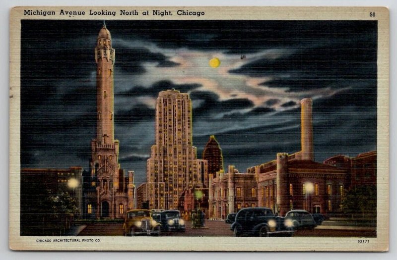 Chicago IL Michigan Ave Looking North at Night Postcard E26