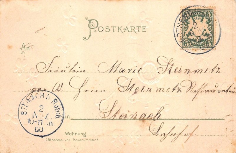 B259 Luck Greetings 1900 Violets Shamrock Posthorn embossed postcard