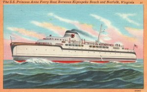 Vintage Postcard 1952 S.S. Princess Anne Ferry Boat Bet. Kiptopeke & Norfolk VA