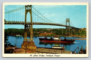 Calmar Line Boat St John's Bridge in PORTLAND Oregon Vintage Postcard 0892