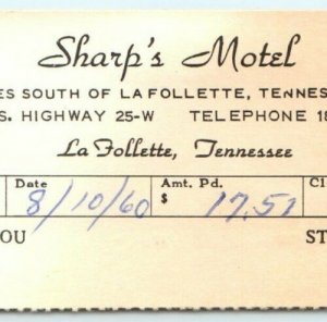 1960 La Follette, Tennessee Sharp's Motel US Highway 25-W Room Receipt Card C2 