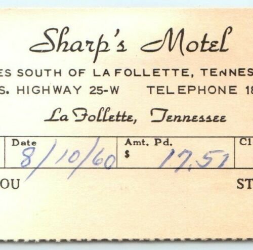 1960 La Follette, Tennessee Sharp's Motel US Highway 25-W Room Receipt Card C2 