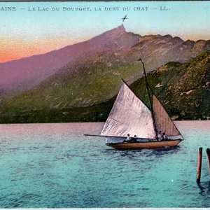 c1910s Aix-les-Bains France Lac du Bourget Postcard La Dent du Chat Sailboat LL