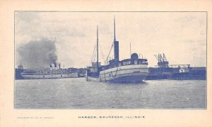 Waukegan Illinois Harbor View Steamer Ships Vintage Postcard AA111344